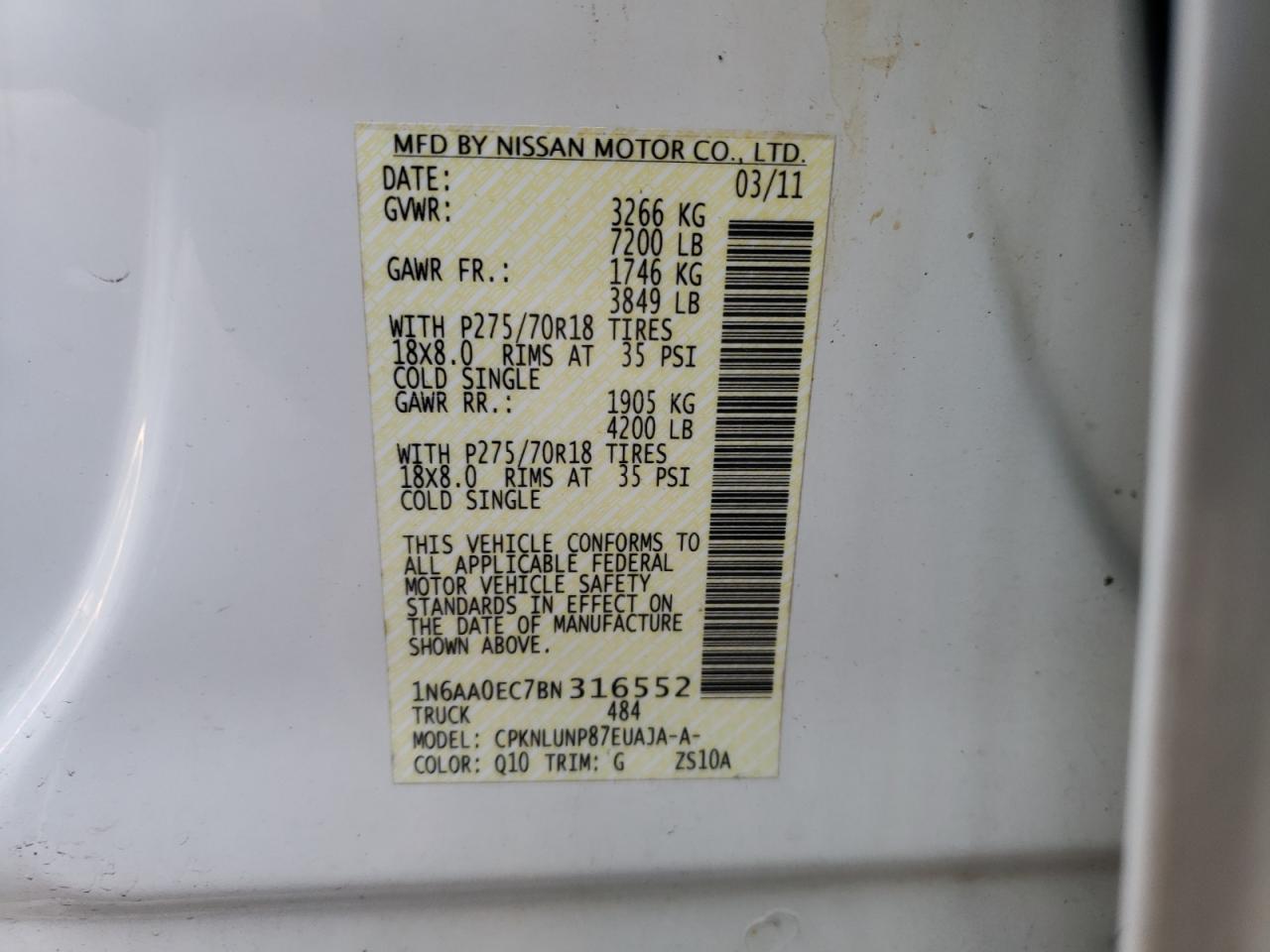 Photo 10 from auction – 2011 NISSAN TITAN S with VIN 1N6AA0EC7BN316552