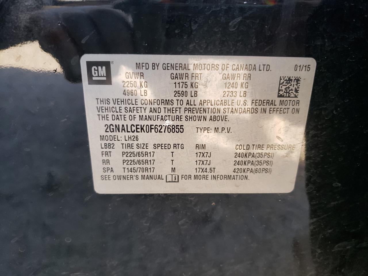 Photo 10 from auction – 2015 CHEVROLET EQUINOX LT with VIN 2GNALCEK0F6276855