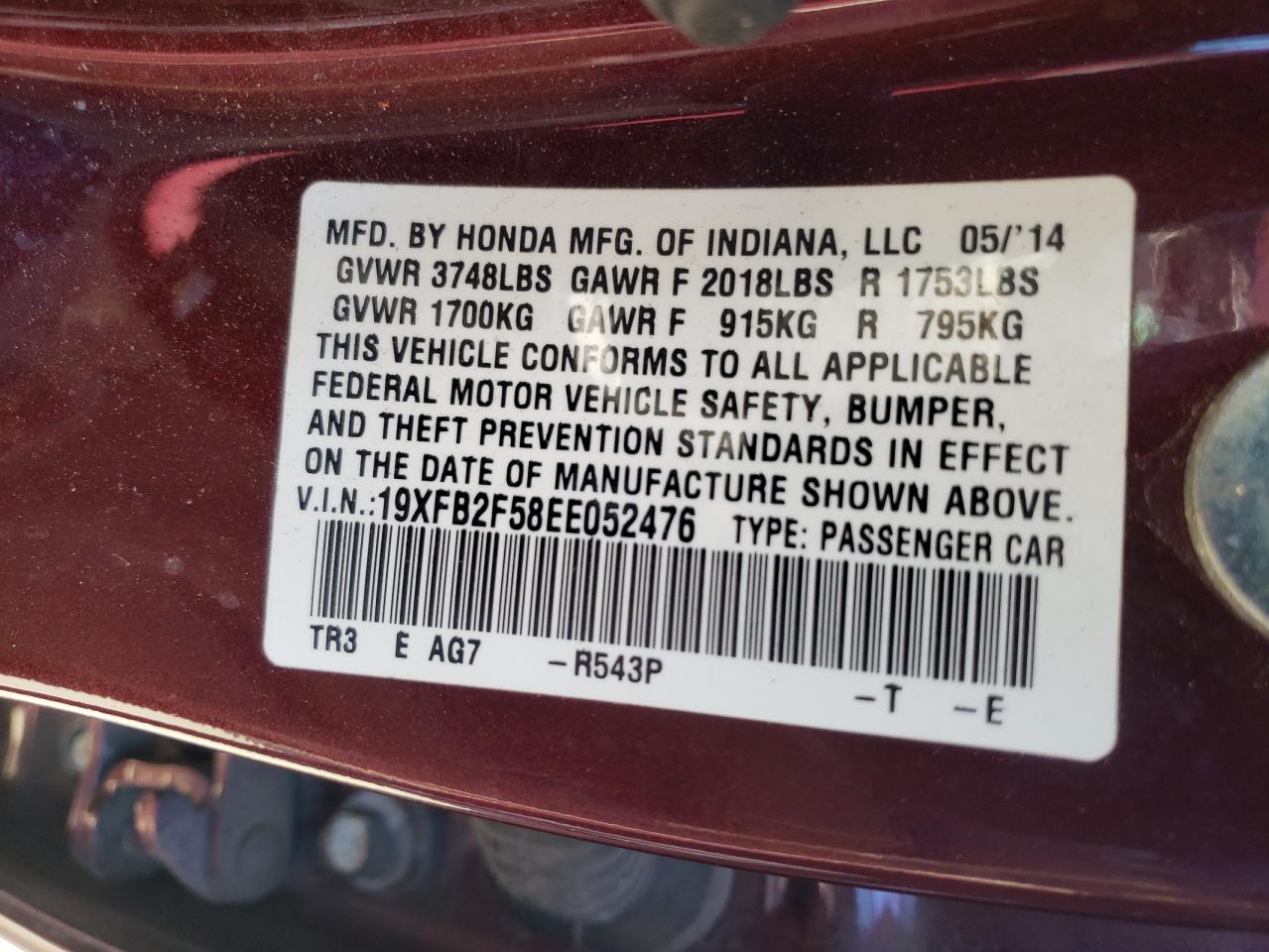 Photo 10 from auction – 2014 HONDA CIVIC LX with VIN 19XFB2F58EE052476