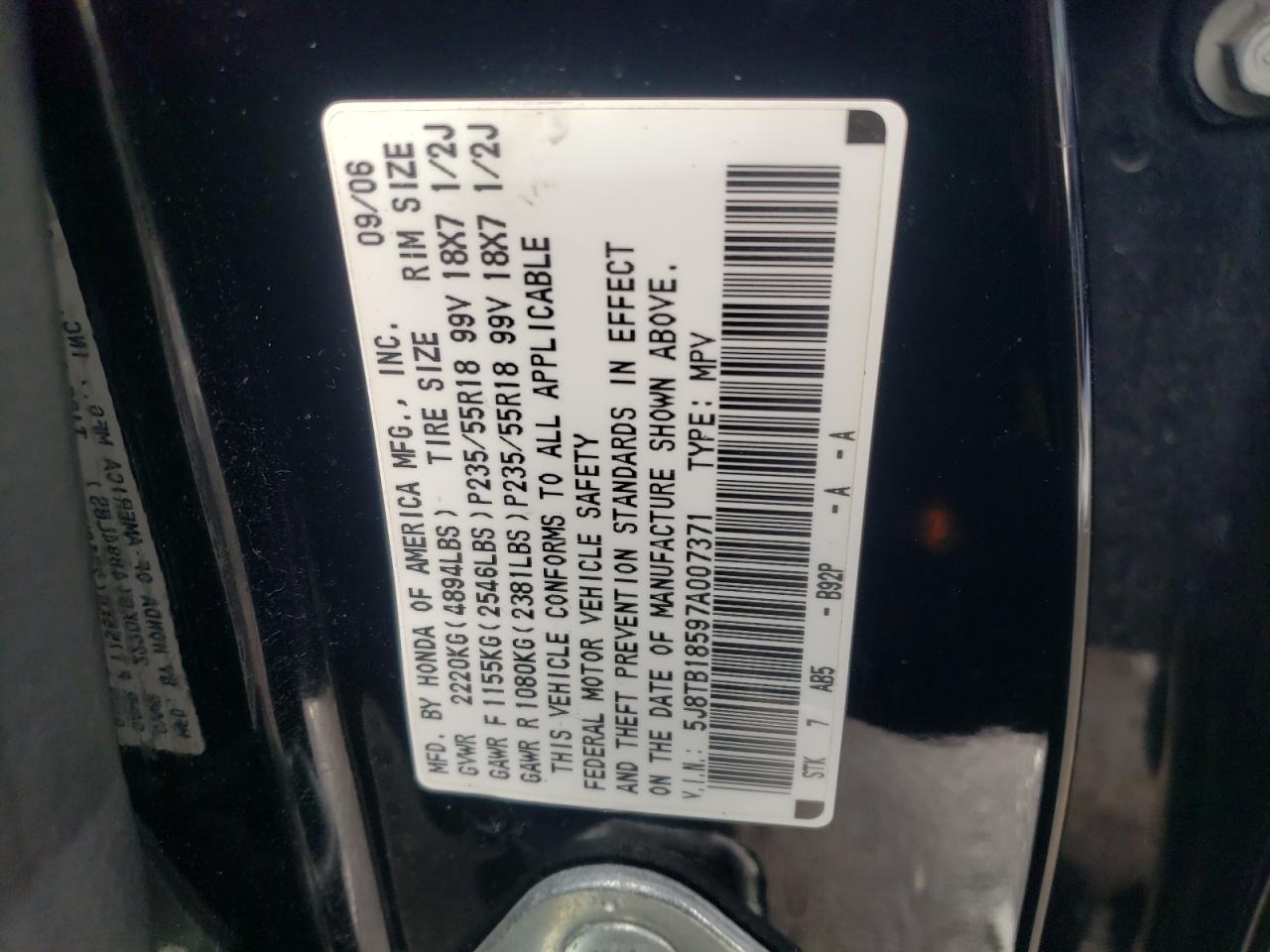 Photo 10 from auction – 2007 ACURA RDX TECHNO with VIN 5J8TB18597A007371