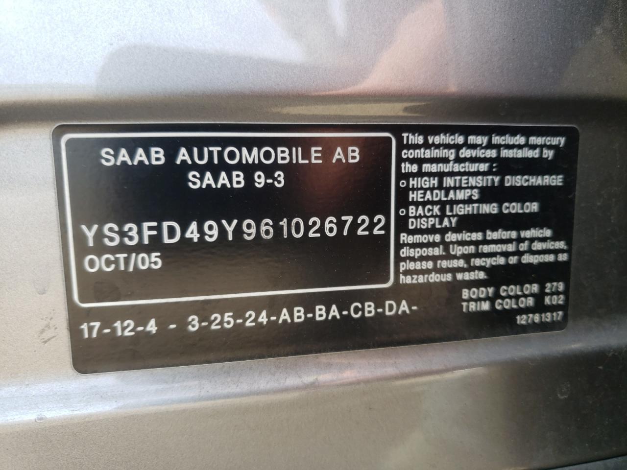 Photo 10 from auction – 2006 SAAB 9-3 with VIN YS3FD49Y961026722
