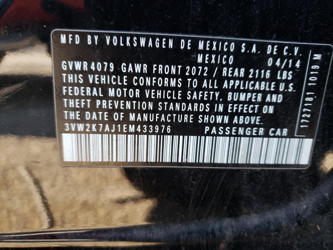 Photo 10 from auction – 2014 VOLKSWAGEN JETTA BASE with VIN 3VW2K7AJ1EM433976
