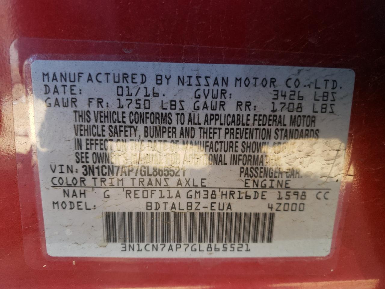 Photo 10 from auction – 2016 NISSAN VERSA S with VIN 3N1CN7AP7GL865521