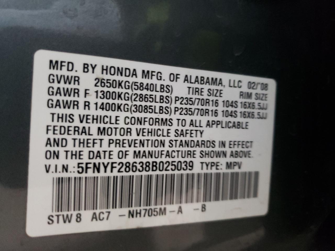 Photo 10 from auction – 2008 HONDA PILOT EXL with VIN 5FNYF28638B025039