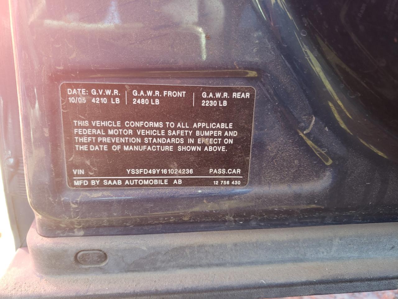 Photo 10 from auction – 2006 SAAB 9-3 with VIN YS3FD49Y161024236
