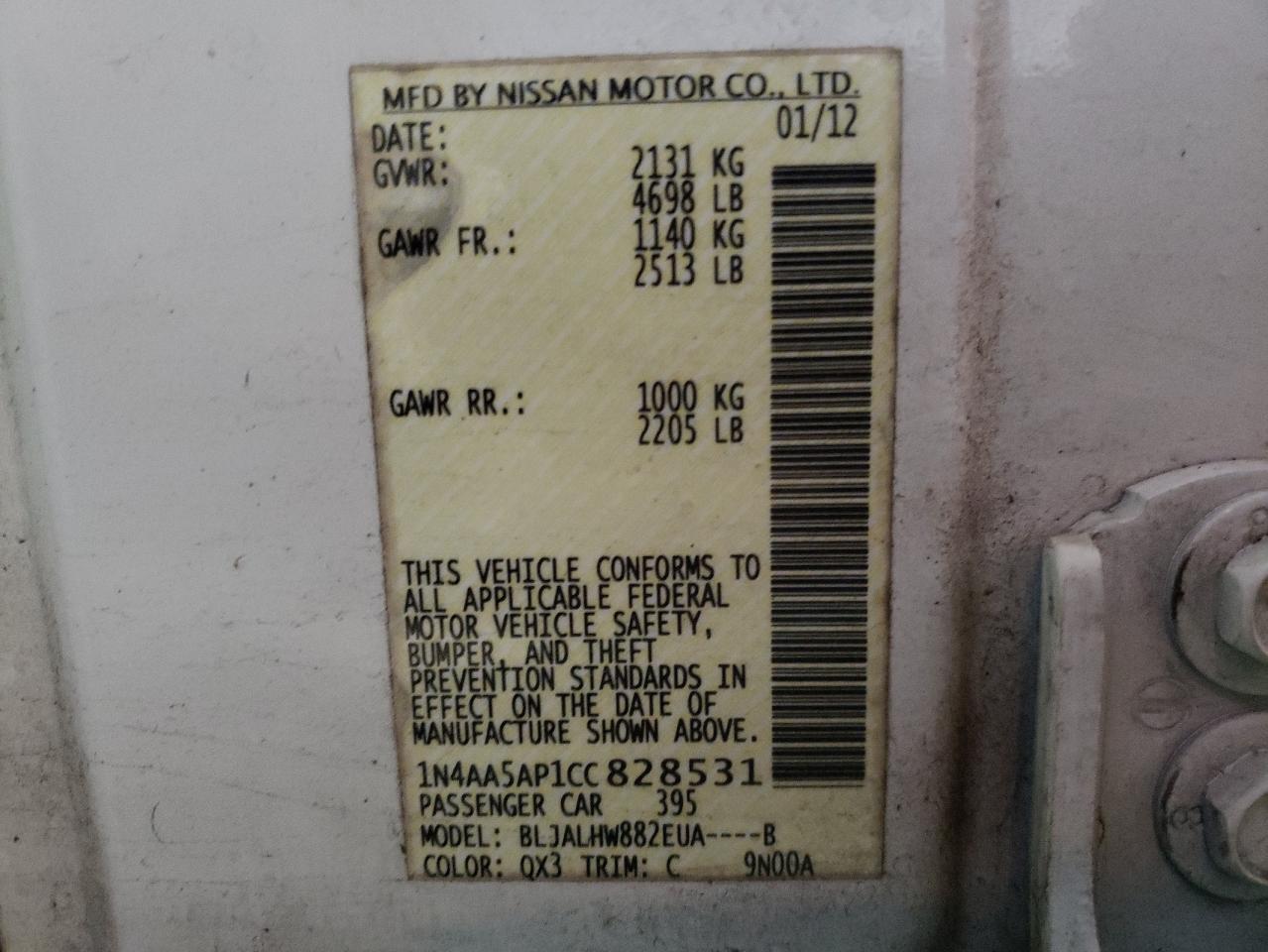 Photo 10 from auction – 2012 NISSAN MAXIMA S with VIN 1N4AA5AP1CC828531