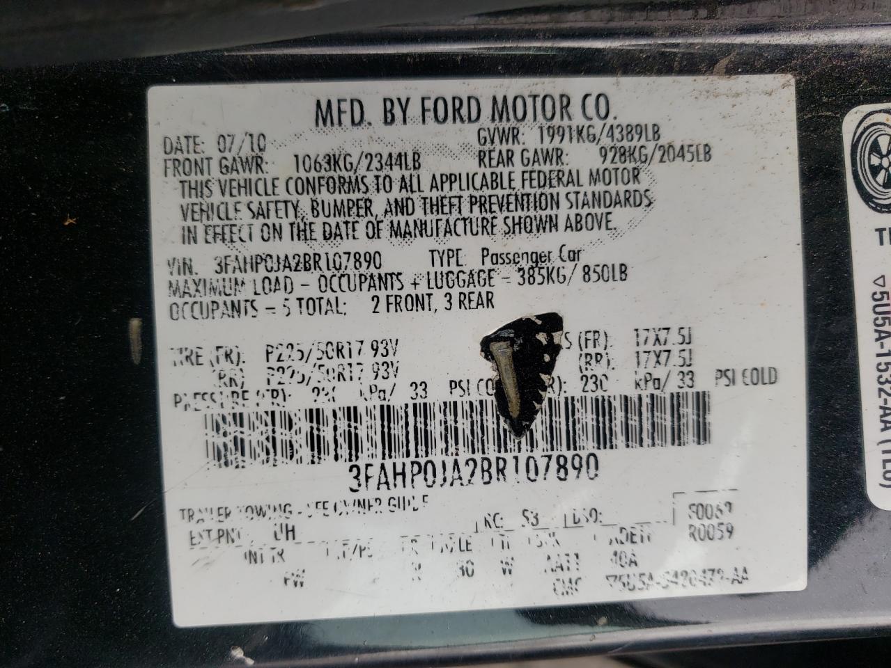 Photo 10 from auction – 2011 FORD FUSION SEL with VIN 3FAHP0JA2BR107890