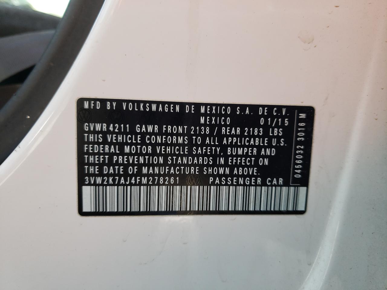 Photo 10 from auction – 2015 VOLKSWAGEN JETTA BASE with VIN 3VW2K7AJ4FM278261