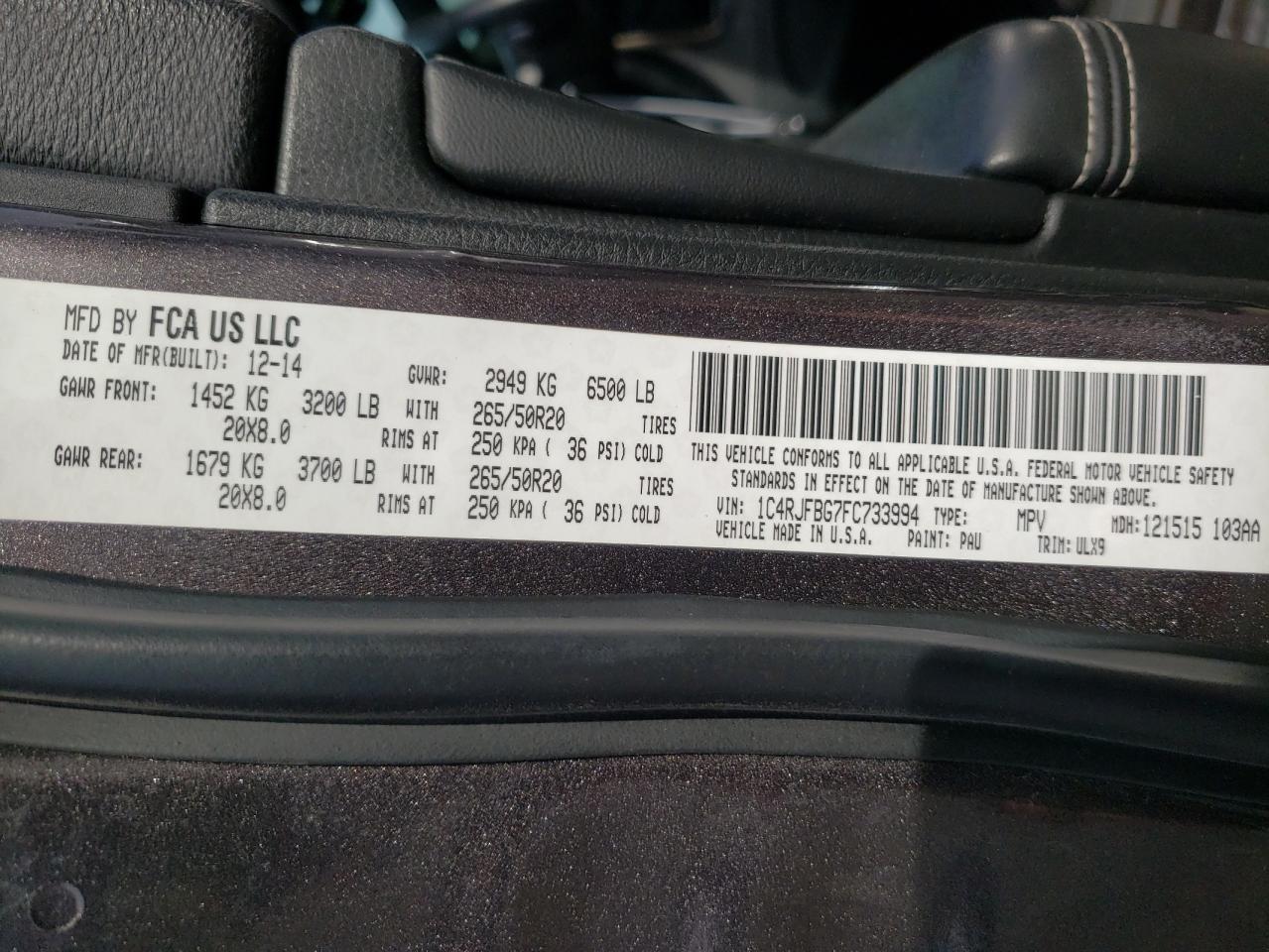 Photo 10 from auction – 2015 JEEP GRAND CHER with VIN 1C4RJFBG7FC733994