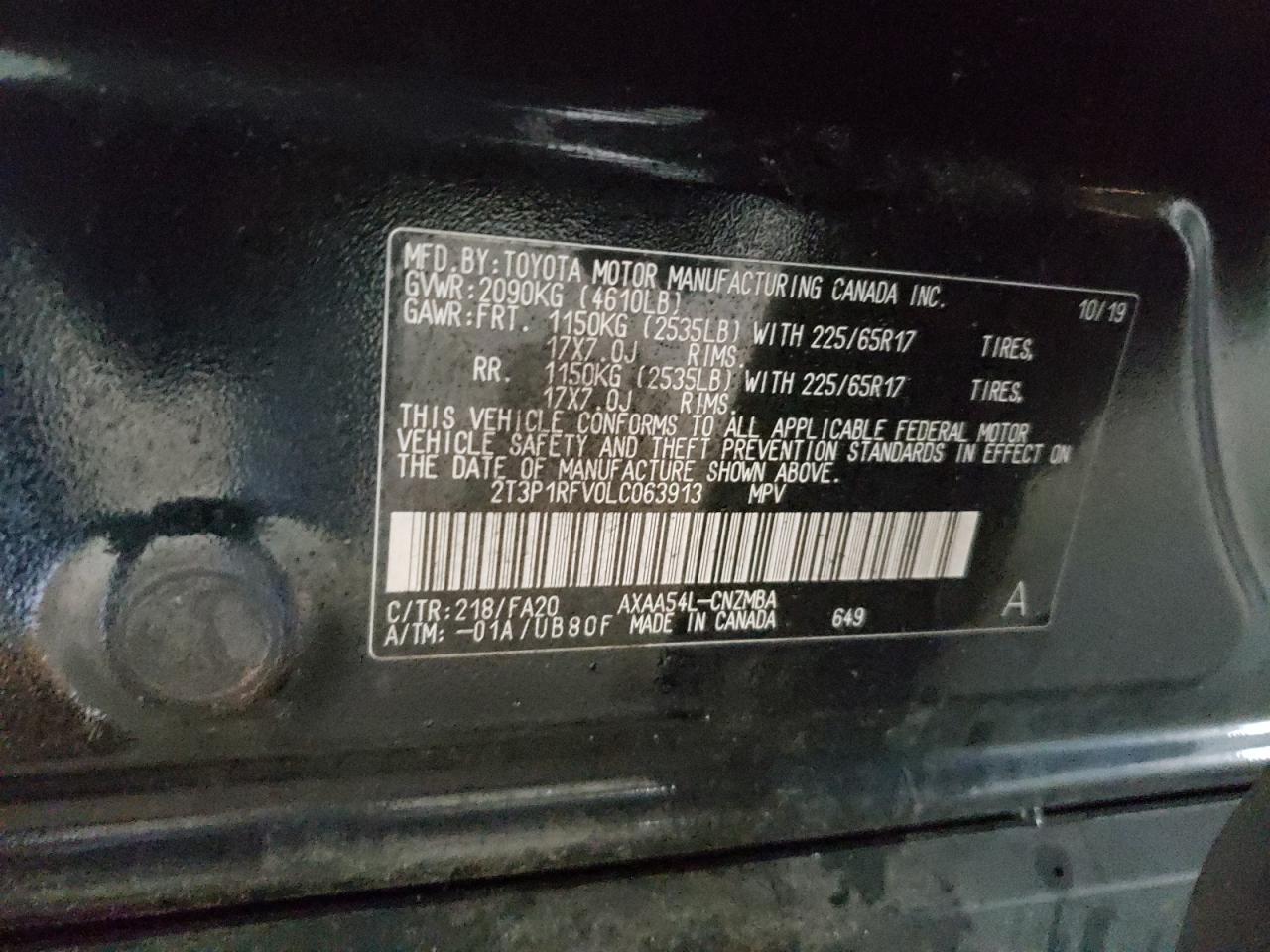 Photo 10 from auction – 2020 TOYOTA RAV4 XLE with VIN 2T3P1RFV0LC063913