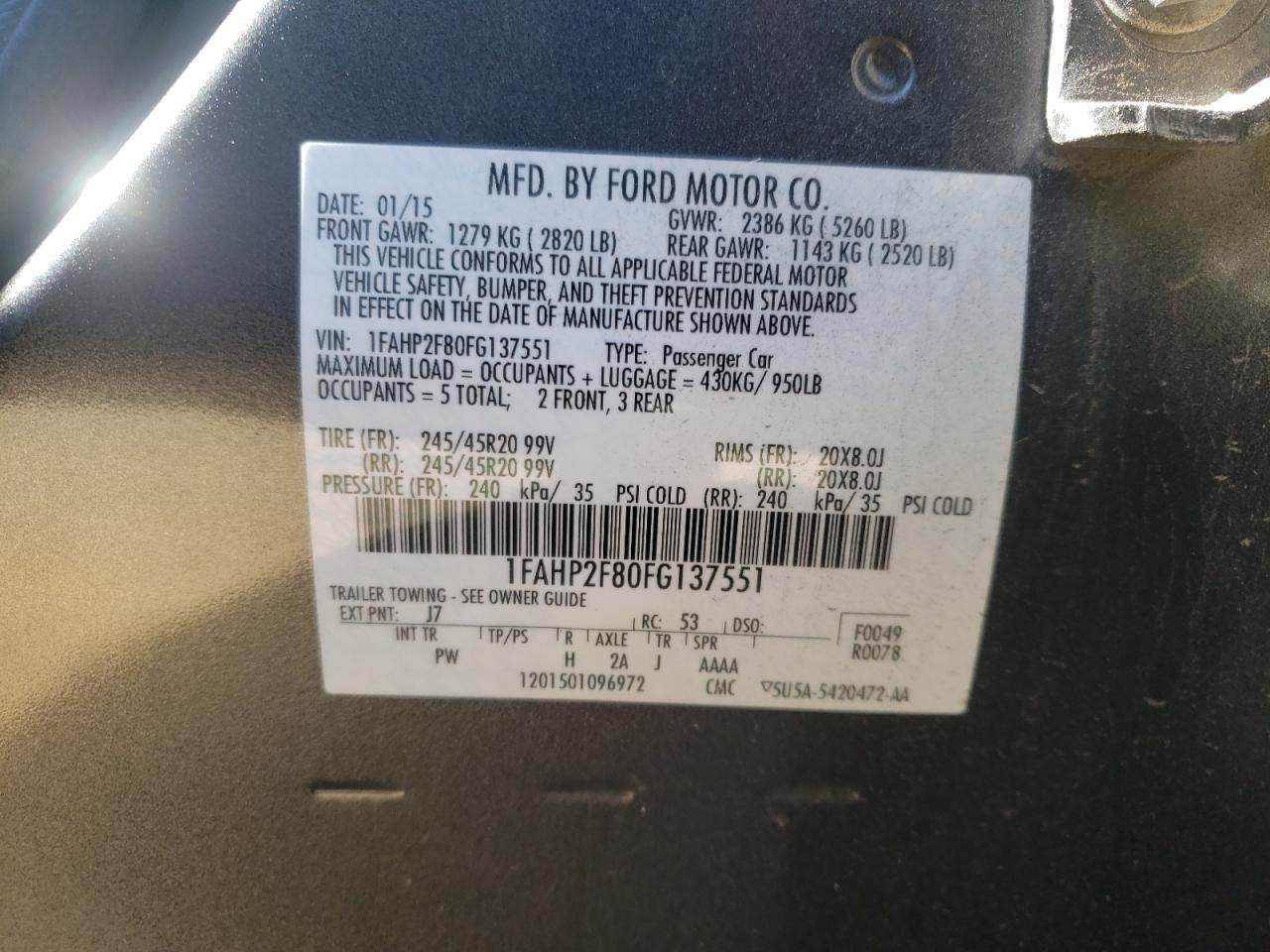 Photo 10 from auction – 2015 FORD TAURUS LIM with VIN 1FAHP2F80FG137551