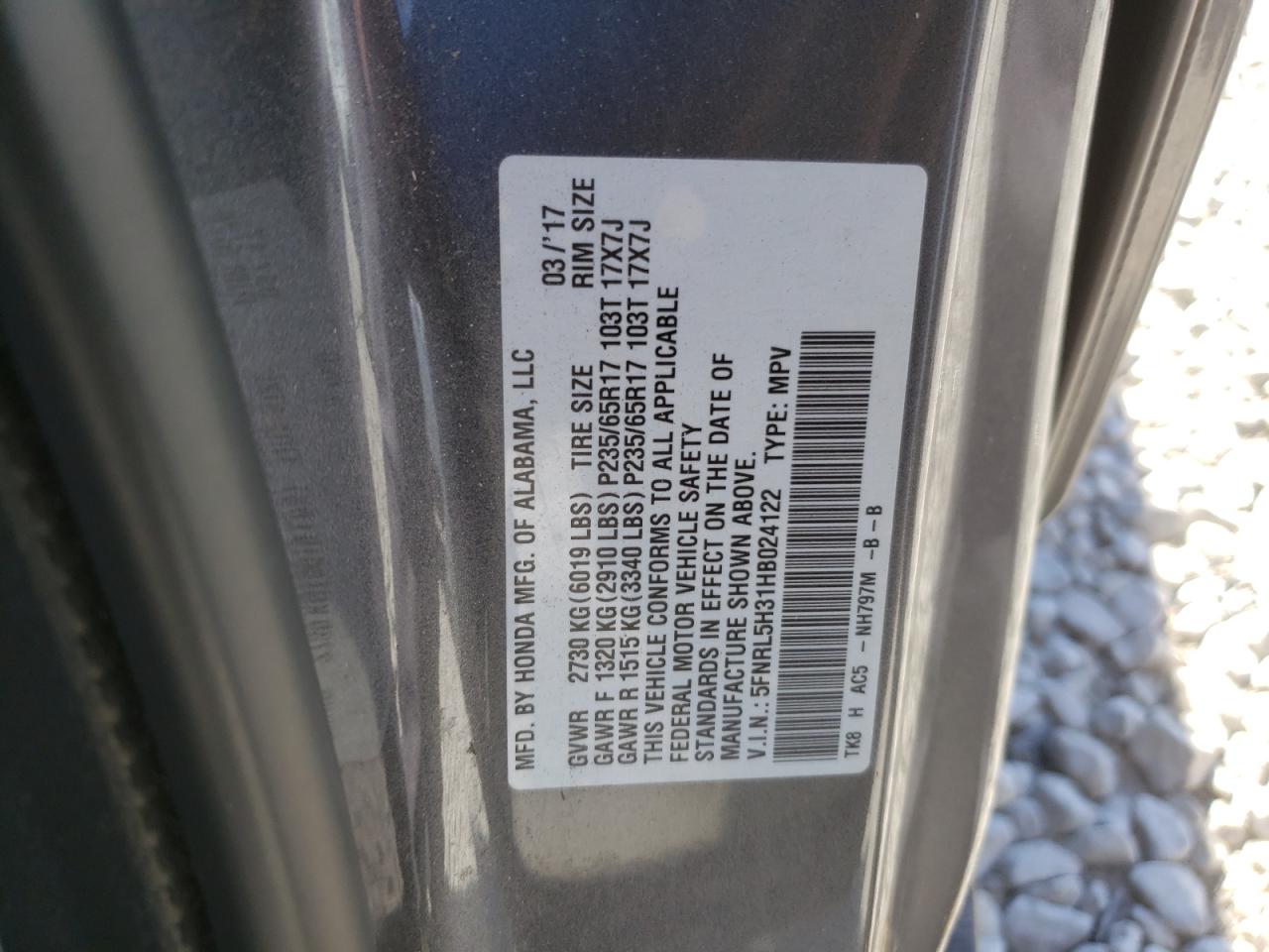Photo 10 from auction – 2017 HONDA ODYSSEY SE with VIN 5FNRL5H31HB024122