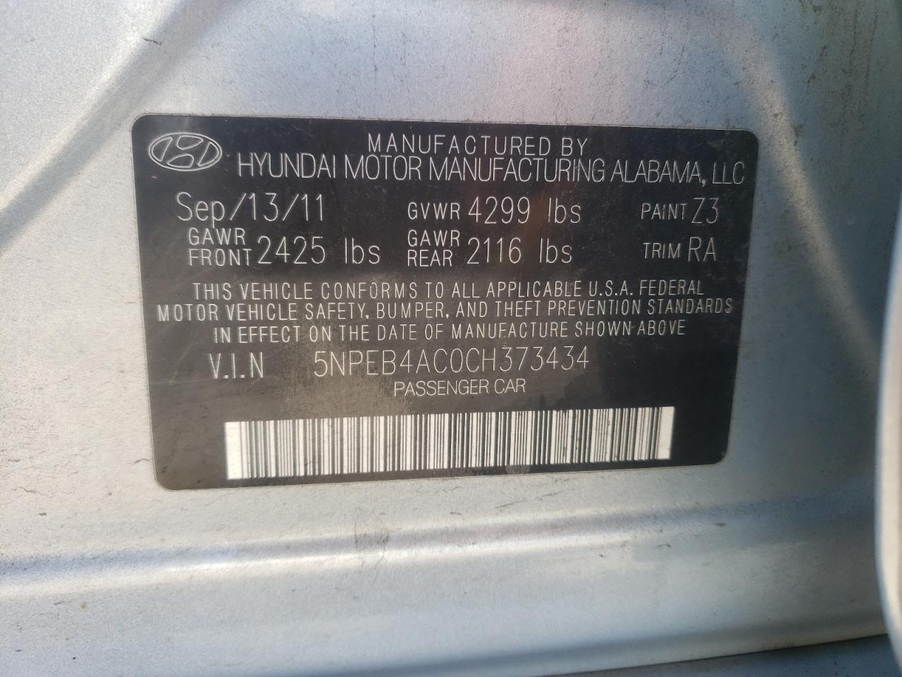 Photo 10 from auction – 2012 HYUNDAI SONATA GLS with VIN 5NPEB4AC0CH373434
