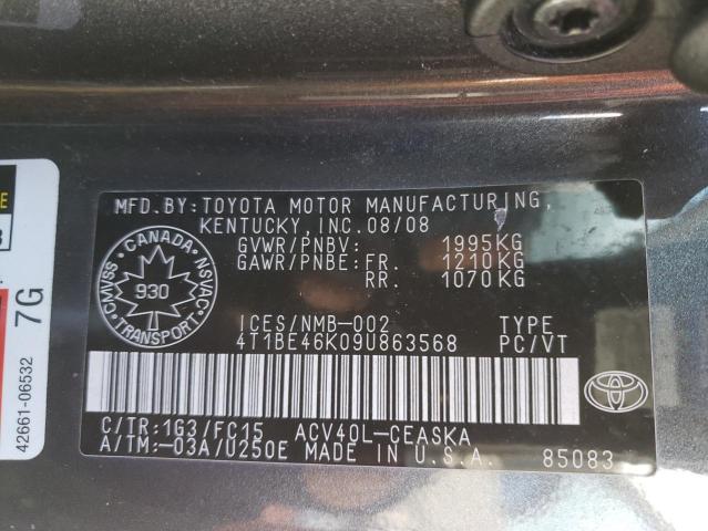 Photo 10 from auction – 2009 TOYOTA CAMRY BASE with VIN 4T1BE46K09U863568