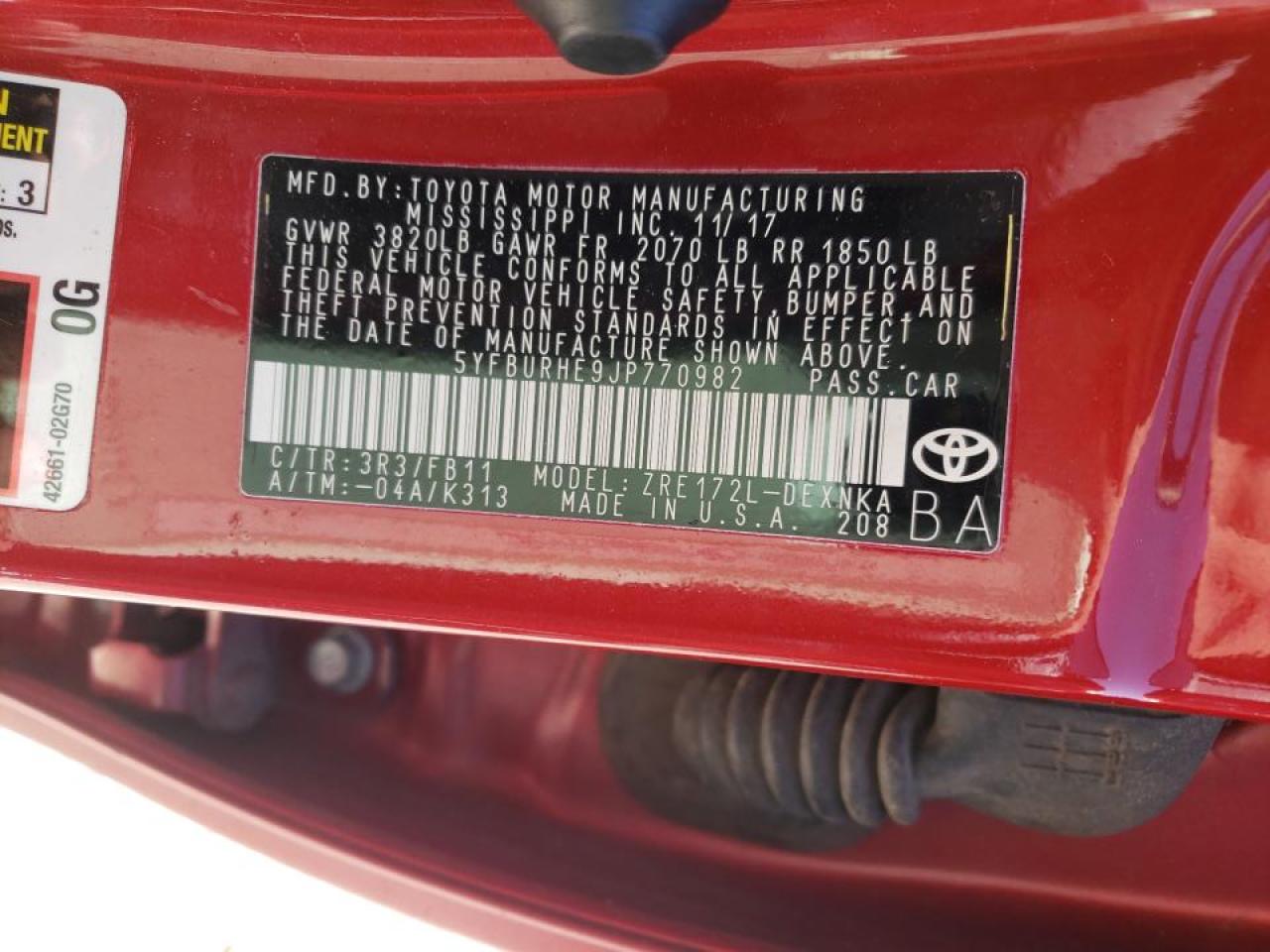 Photo 10 from auction – 2018 TOYOTA COROLLA L with VIN 5YFBURHE9JP770982