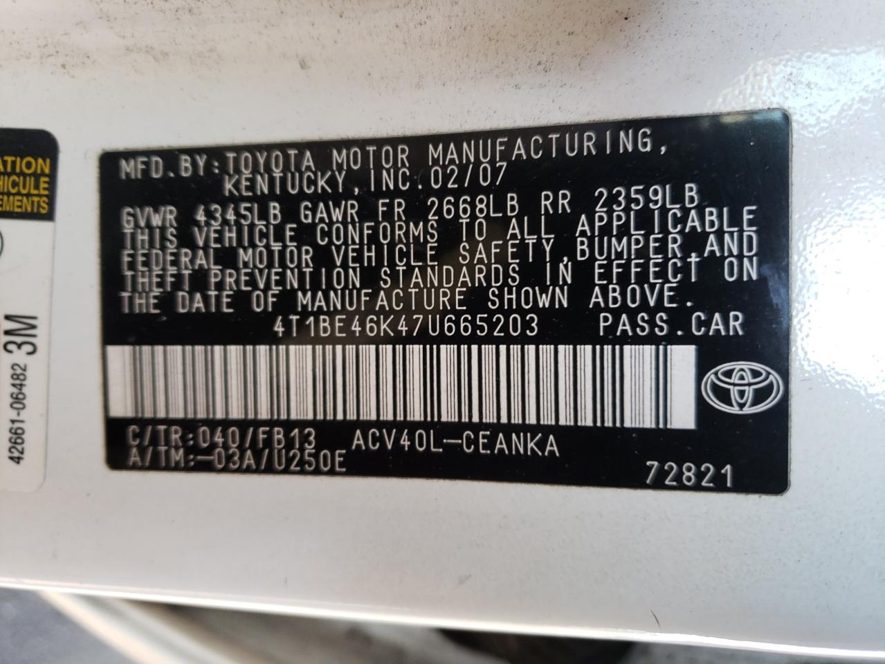 Photo 10 from auction – 2007 TOYOTA CAMRY CE with VIN 4T1BE46K47U665203