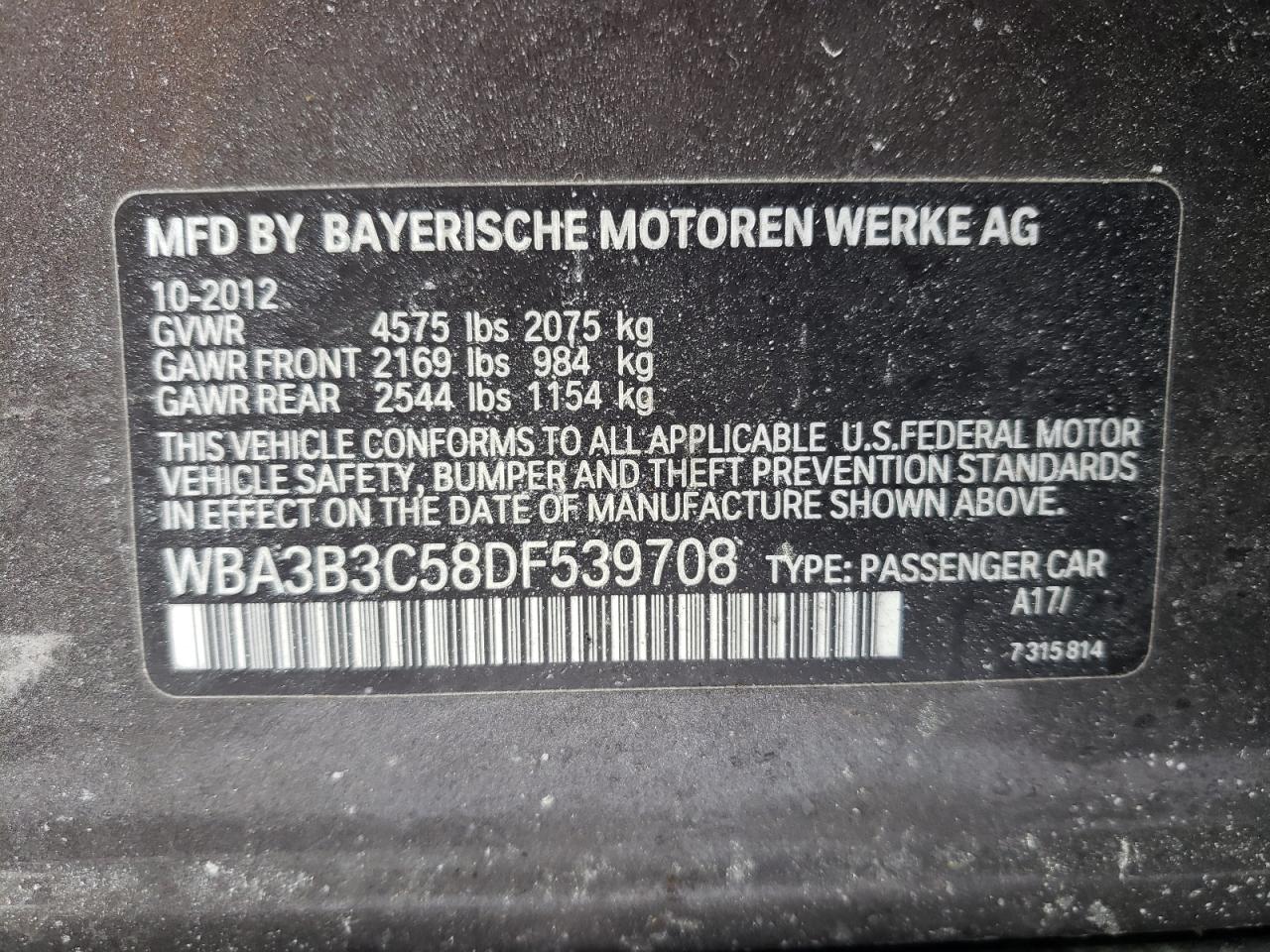 Photo 10 from auction – 2013 BMW 328 XI with VIN WBA3B3C58DF539708