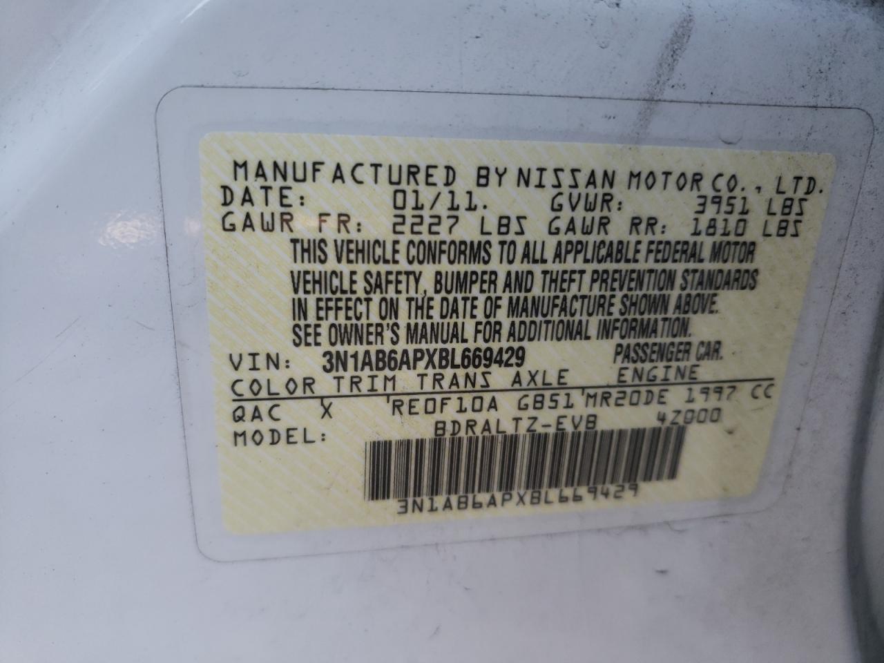 Photo 10 from auction – 2011 NISSAN SENTRA 2.0 with VIN 3N1AB6APXBL669429