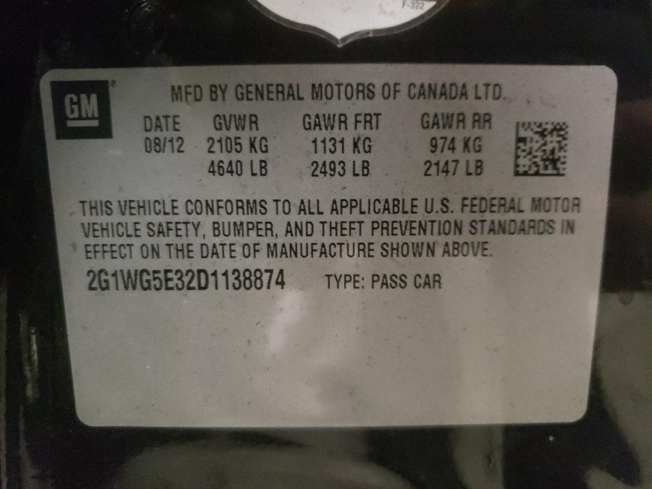 Photo 10 from auction – 2013 CHEVROLET IMPALA LT with VIN 2G1WG5E32D1138874