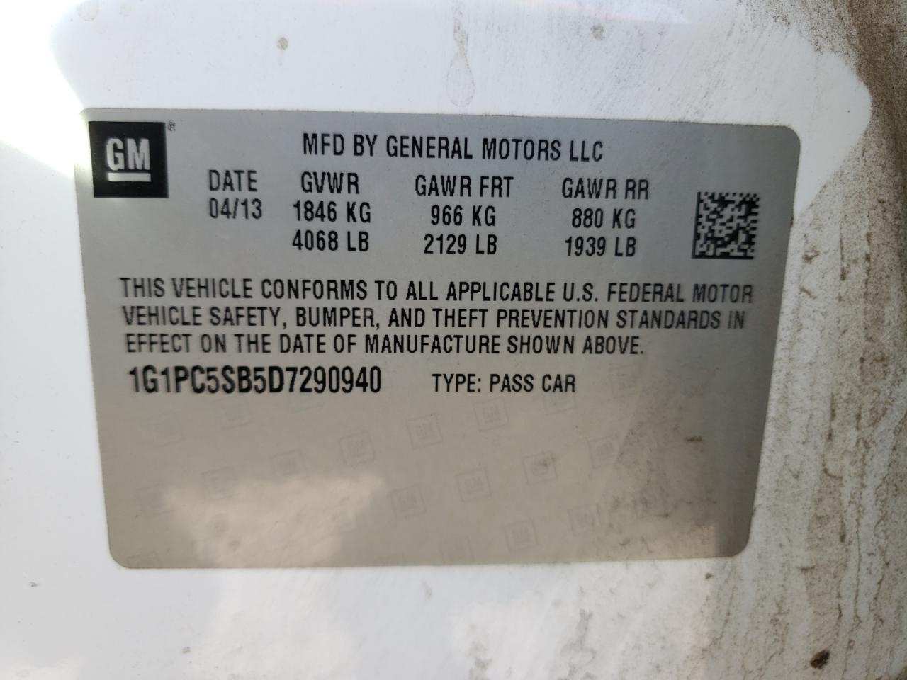 Photo 10 from auction – 2013 CHEVROLET CRUZE LT with VIN 1G1PC5SB5D7290940