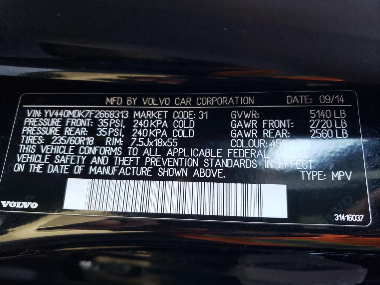 Photo 10 from auction – 2015 VOLVO XC60 T5 PR with VIN YV440MDK7F2668313