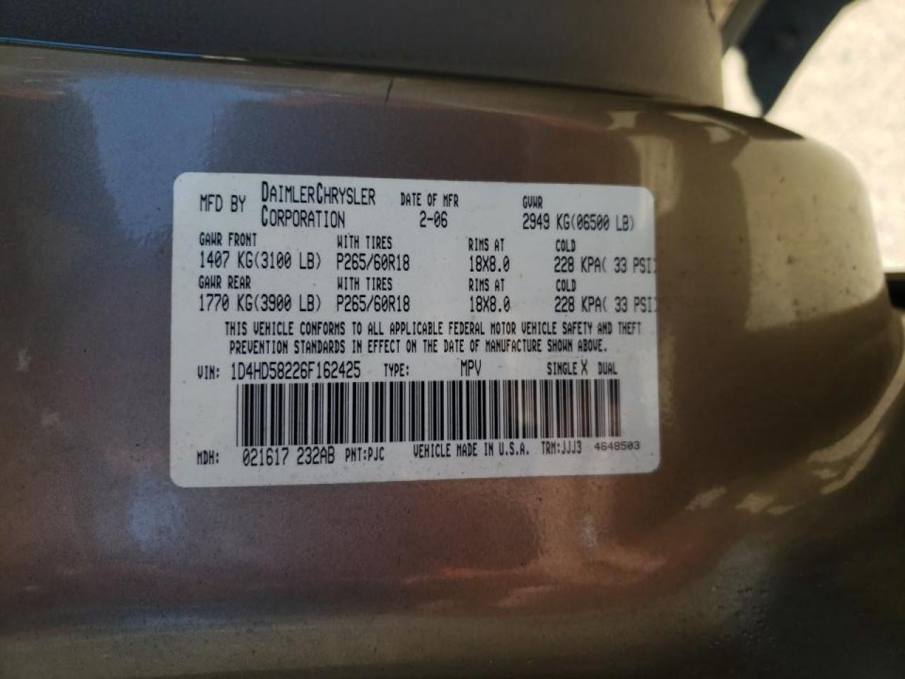 Photo 10 from auction – 2006 DODGE DURANGO LI with VIN 1D4HD58226F162425