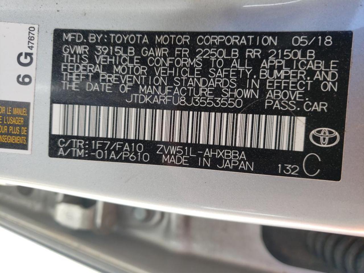 Photo 10 from auction – 2018 TOYOTA PRIUS with VIN JTDKARFU8J3553550