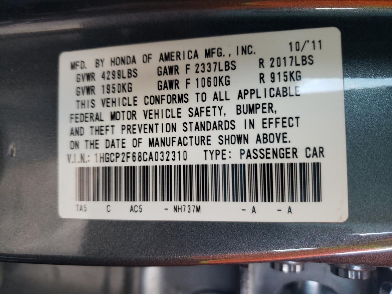 Photo 10 from auction – 2012 HONDA ACCORD SE with VIN 1HGCP2F68CA032310