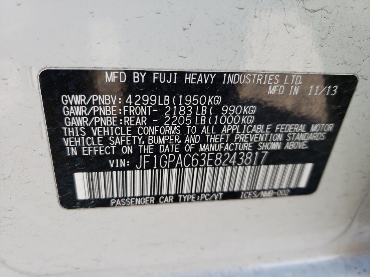 Photo 10 from auction – 2014 SUBARU IMPREZA PR with VIN JF1GPAC63E8243817