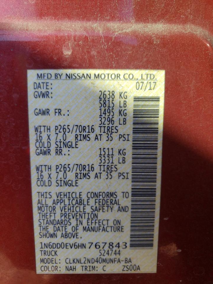 Photo 10 from auction – 2017 NISSAN FRONTIER S with VIN 1N6DD0EV6HN767843