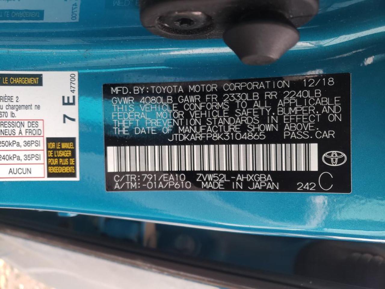 Photo 10 from auction – 2019 TOYOTA PRIUS PRIM with VIN JTDKARFP8K3104865