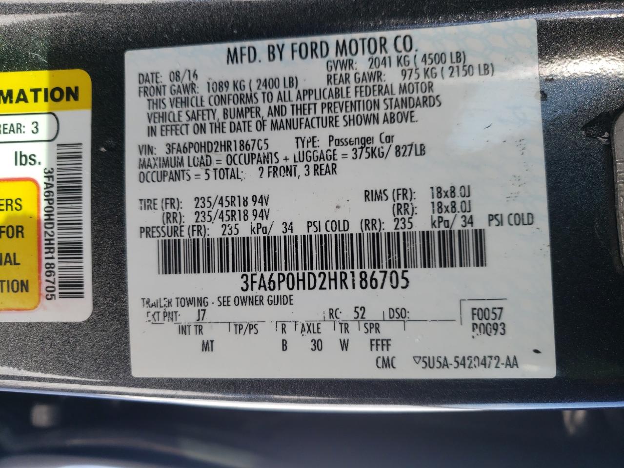 Photo 10 from auction – 2017 FORD FUSION SE with VIN 3FA6P0HD2HR186705