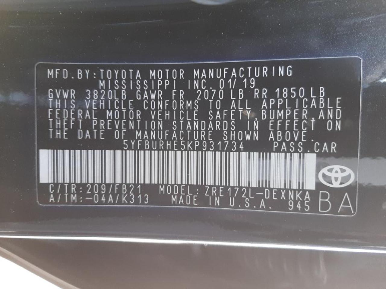 Photo 10 from auction – 2019 TOYOTA COROLLA L with VIN 5YFBURHE5KP931734
