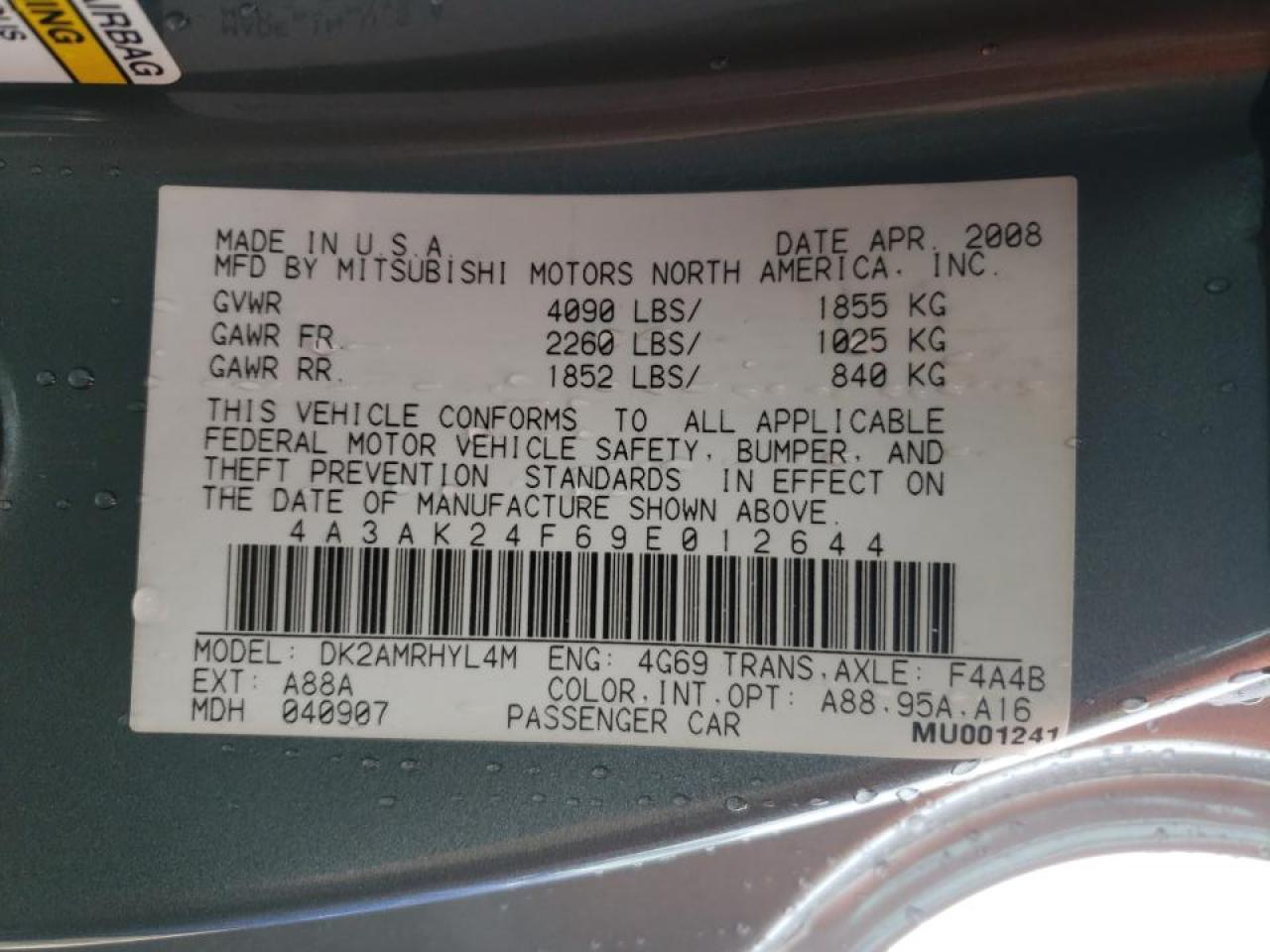Photo 10 from auction – 2009 MITSUBISHI ECLIPSE GS with VIN 4A3AK24F69E012644