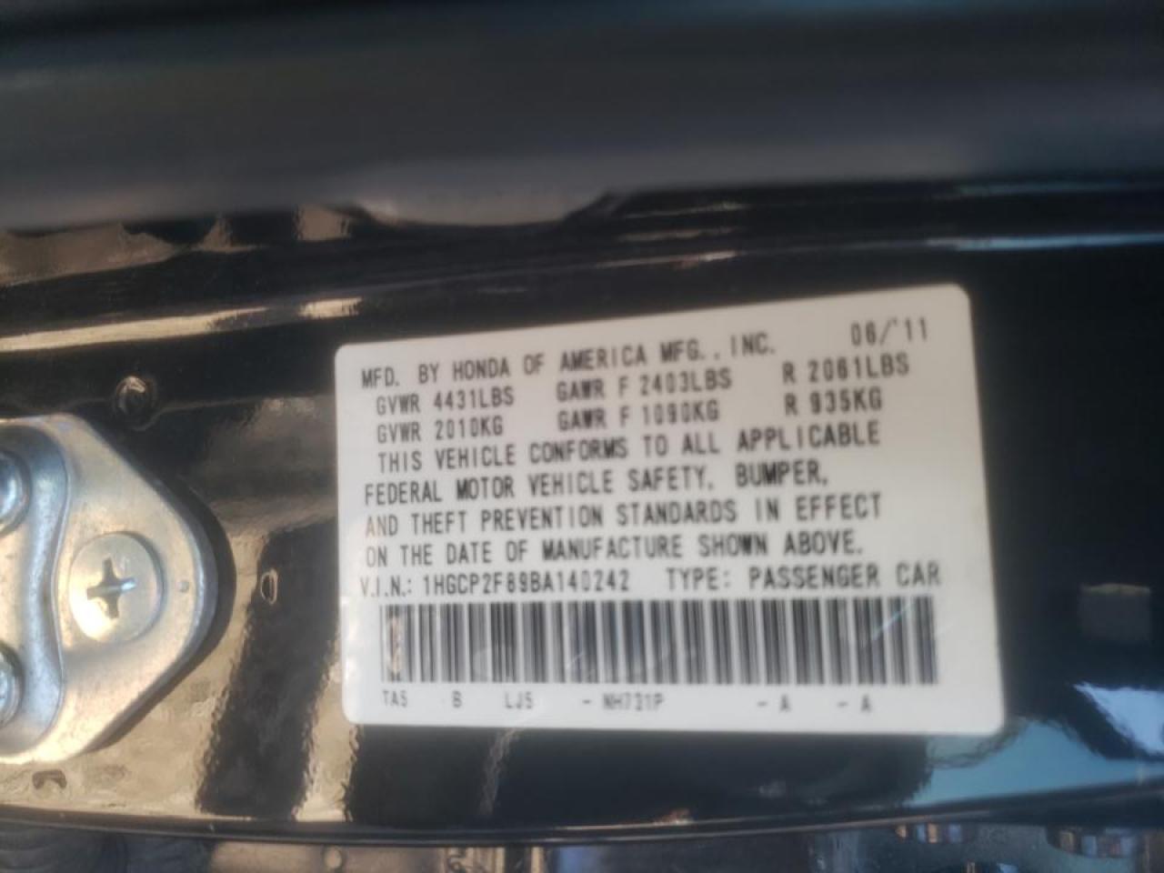 Photo 10 from auction – 2011 HONDA ACCORD EXL with VIN 1HGCP2F89BA140242