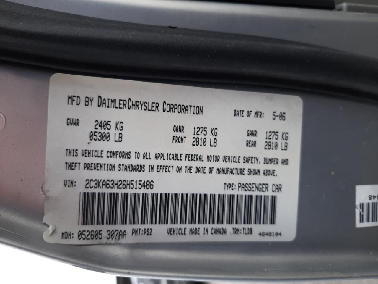 Photo 10 from auction – 2006 CHRYSLER 300C with VIN 2C3KA63H26H515486
