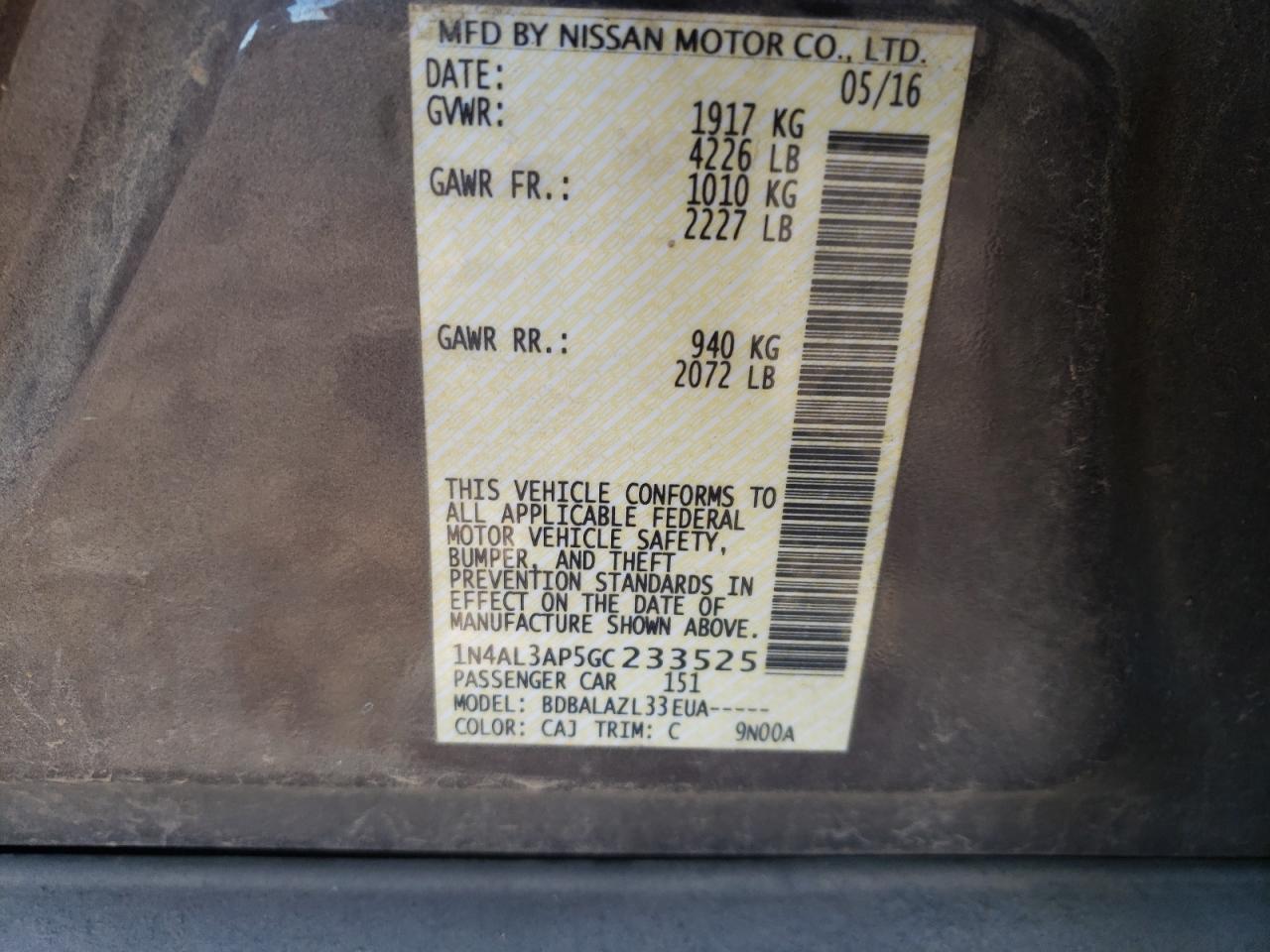 Photo 10 from auction – 2016 NISSAN ALTIMA 2.5 with VIN 1N4AL3AP5GC233525