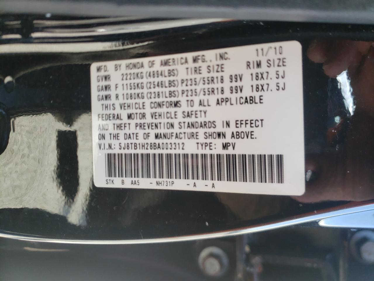 Photo 10 from auction – 2011 ACURA RDX with VIN 5J8TB1H28BA003312