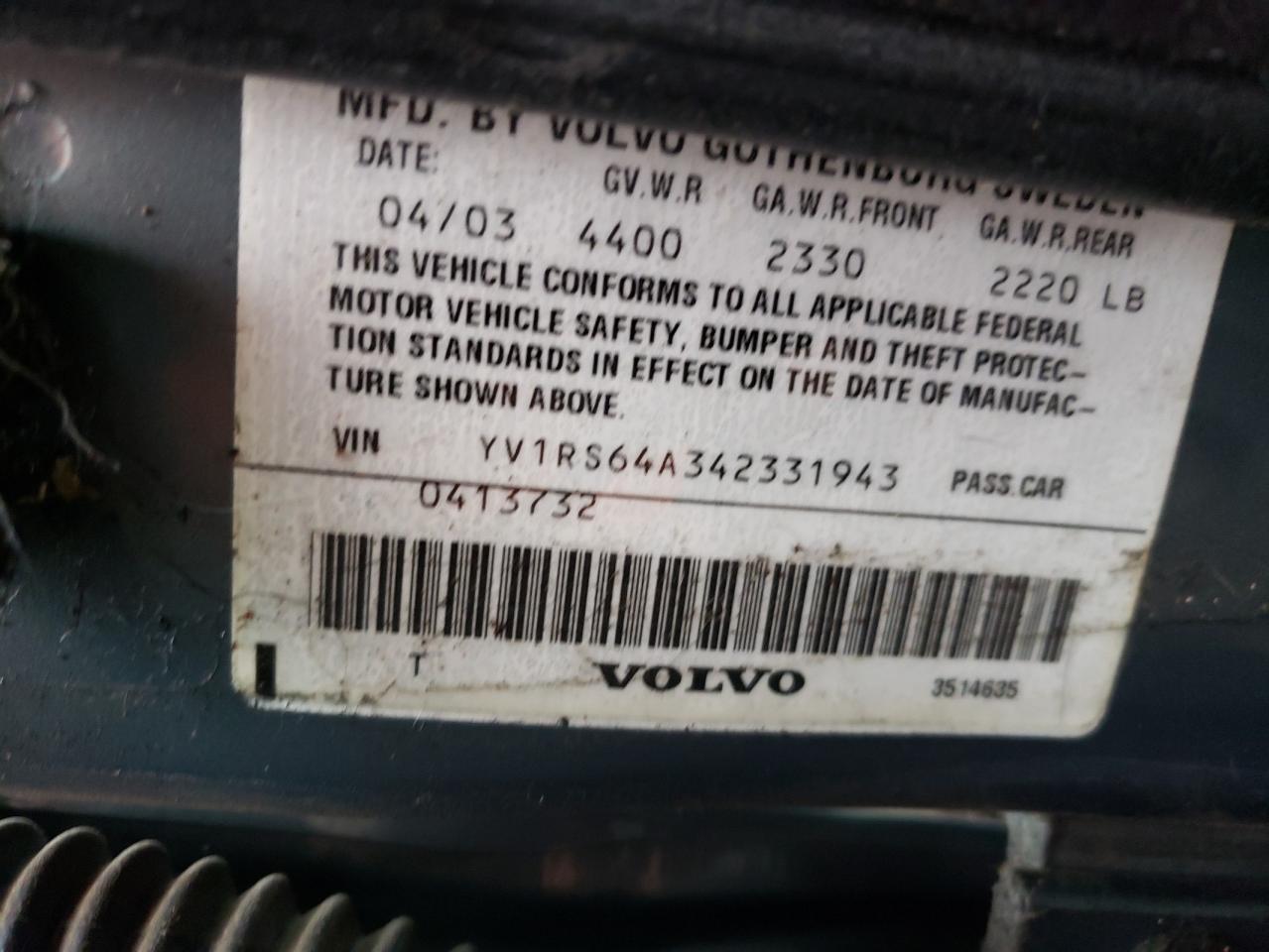Photo 10 from auction – 2004 VOLVO S60 with VIN YV1RS64A342331943