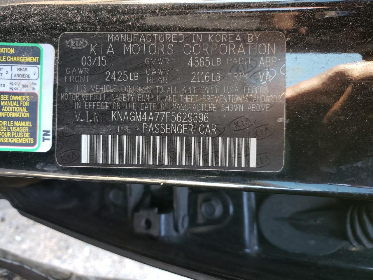 Photo 10 from auction – 2015 KIA OPTIMA LX with VIN KNAGM4A77F5629396