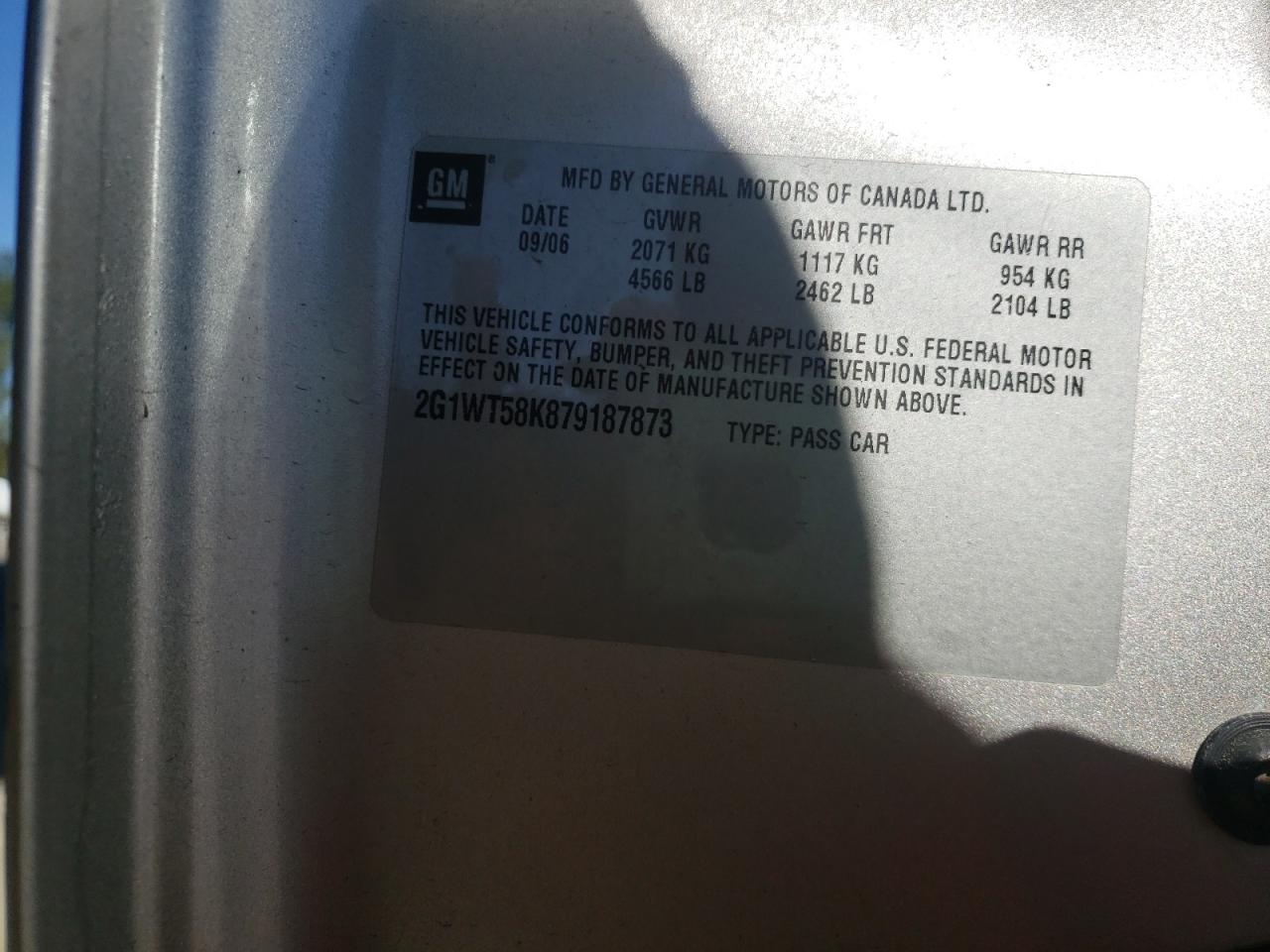 Photo 10 from auction – 2007 CHEVROLET IMPALA LT with VIN 2G1WT58K879187873