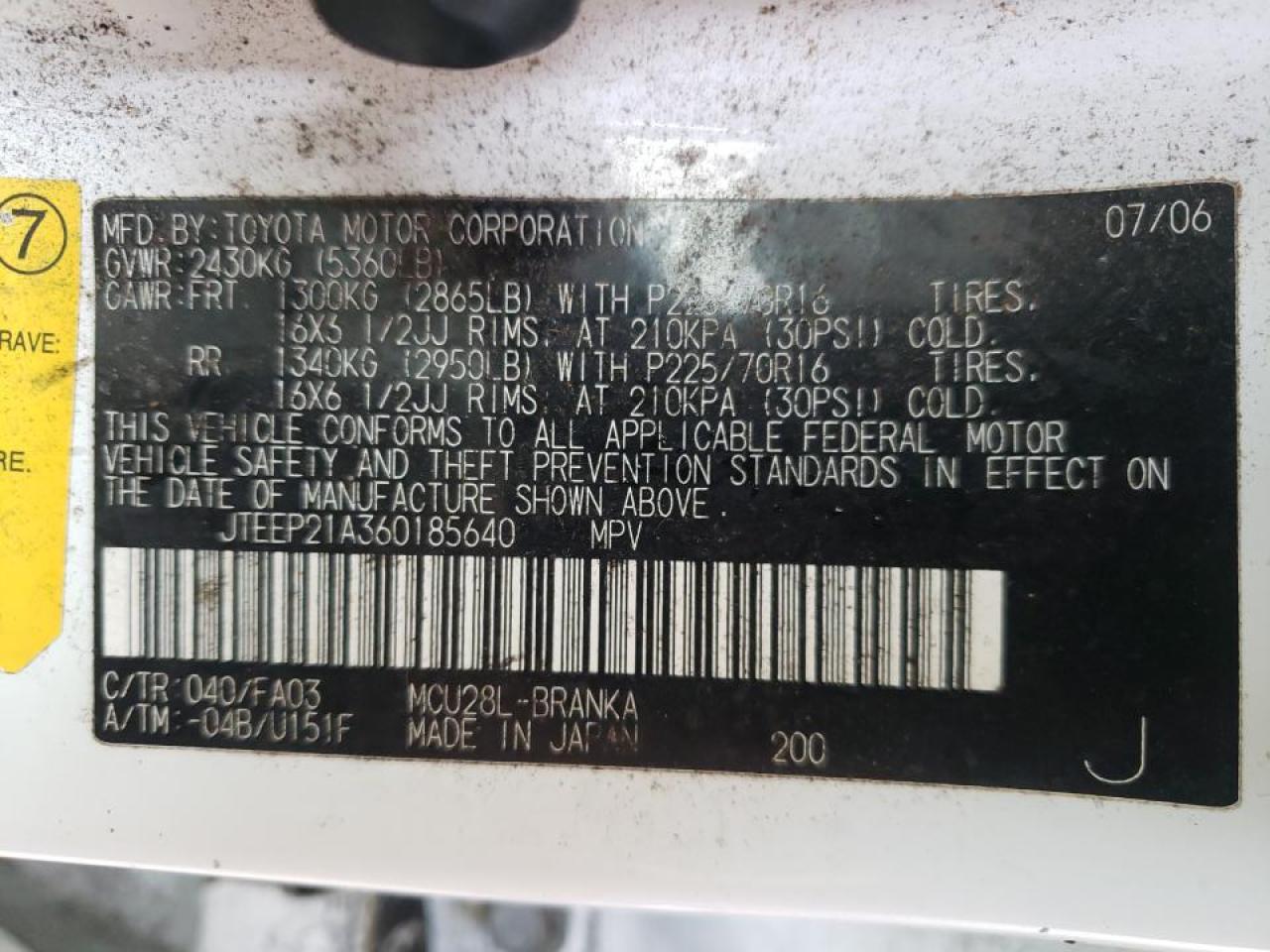 Photo 10 from auction – 2006 TOYOTA HIGHLANDER with VIN JTEEP21A360185640