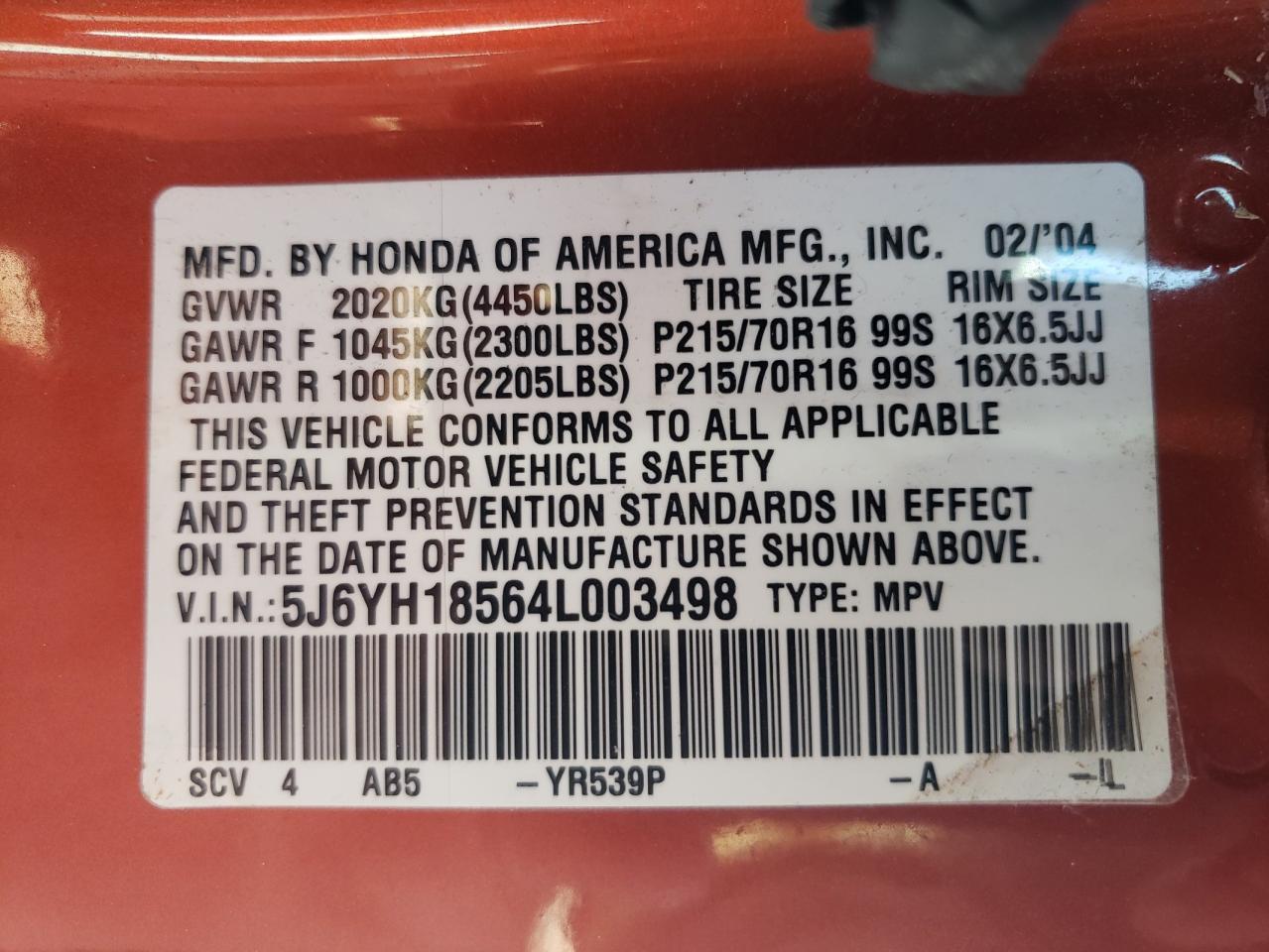 Photo 10 from auction – 2004 HONDA ELEMENT DX with VIN 5J6YH18564L003498