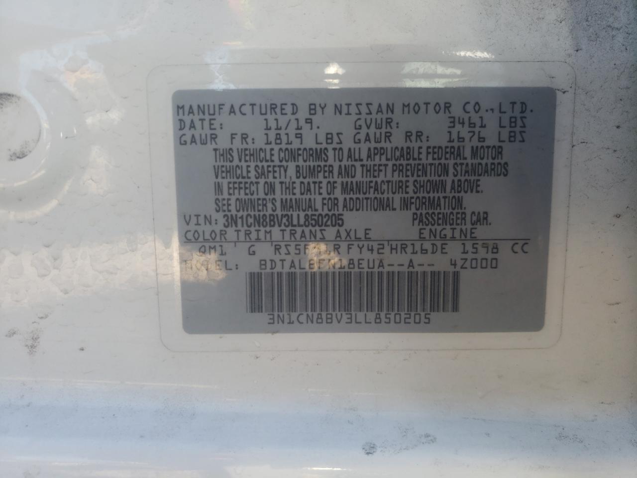 Photo 10 from auction – 2020 NISSAN VERSA S with VIN 3N1CN8BV3LL850205