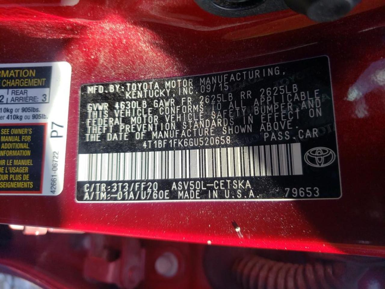 Photo 10 from auction – 2016 TOYOTA CAMRY LE with VIN 4T1BF1FK6GU520658