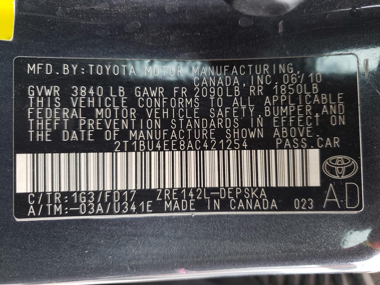 Photo 10 from auction – 2010 TOYOTA COROLLA BA with VIN 2T1BU4EE8AC421254