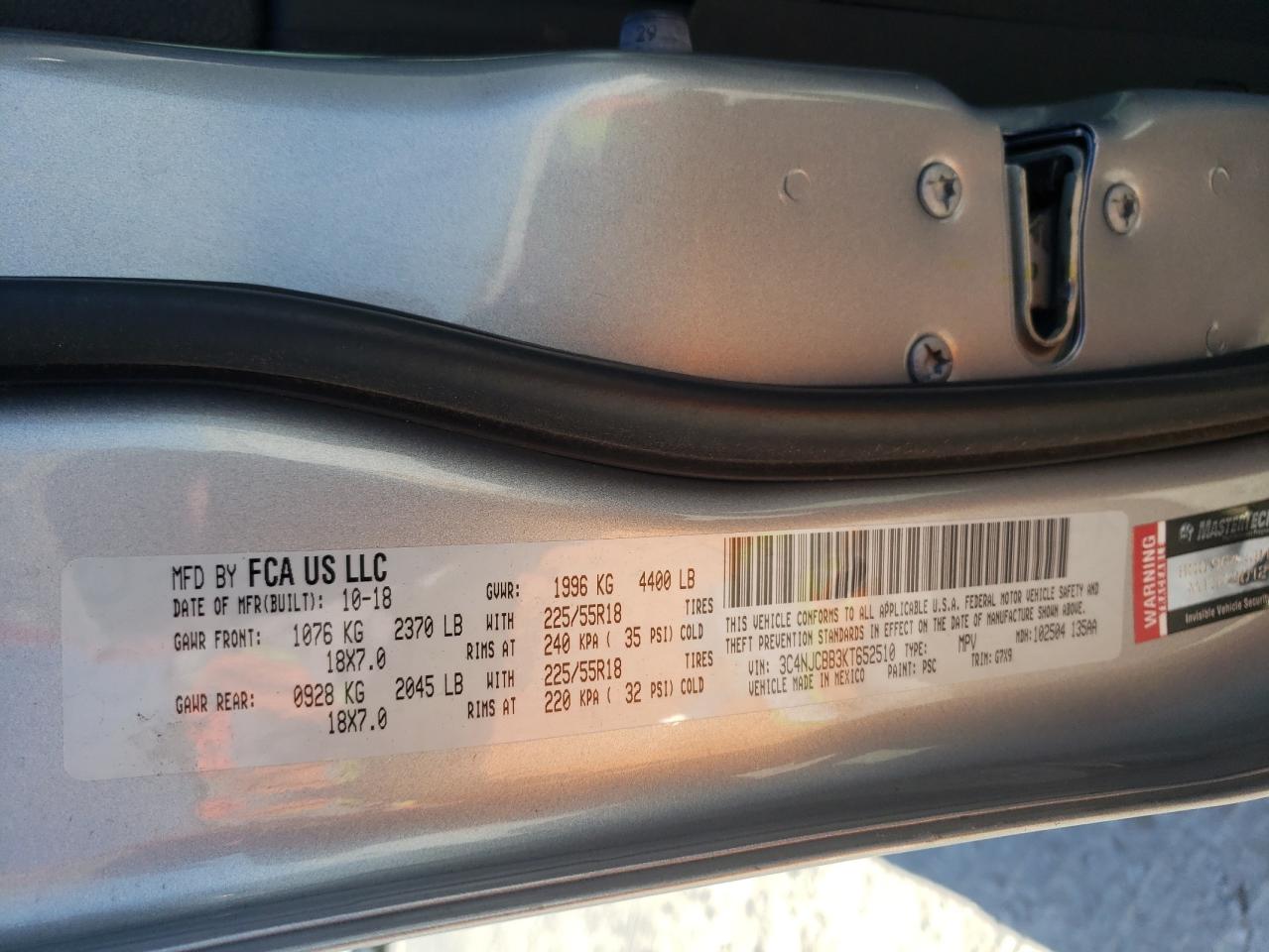 Photo 10 from auction – 2019 JEEP COMPASS LA with VIN 3C4NJCBB3KT652510