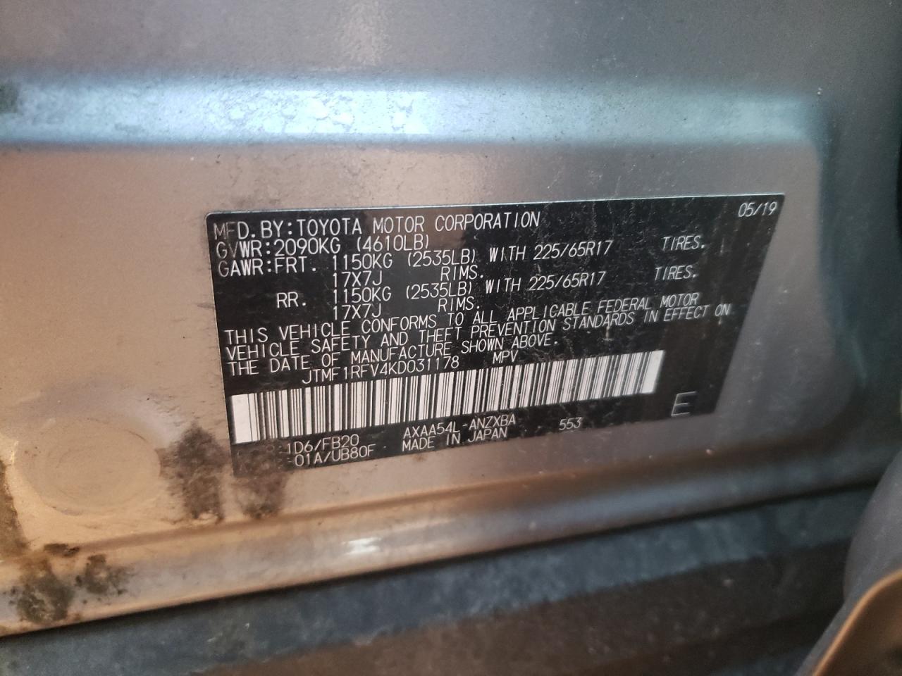 Photo 10 from auction – 2019 TOYOTA RAV4 LE with VIN JTMF1RFV4KD031178