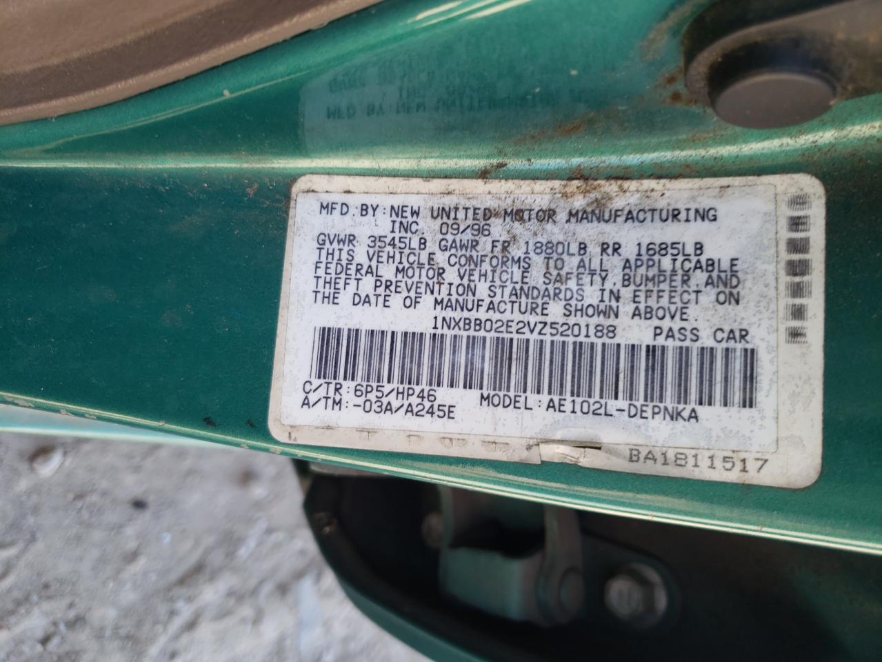 Photo 10 from auction – 1997 TOYOTA COROLLA DX with VIN 1NXBB02E2VZ520188