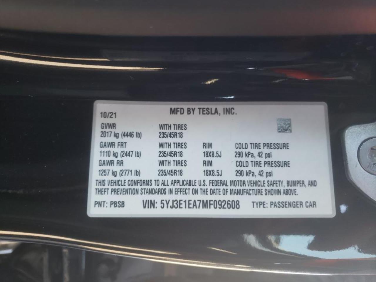 Photo 10 from auction – 2021 TESLA MODEL 3 with VIN 5YJ3E1EA7MF092608
